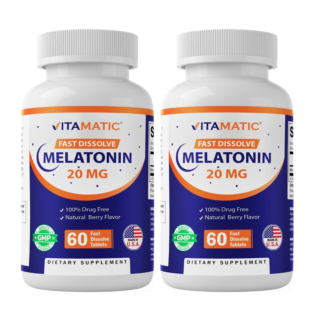 Vitamatic 2-Pack 높은 Potency Melatonin 20 mg – 60 빠른 용해 정제 총 패스트 인용 수면 지원 – 천연 베리 맛 | 채식주의