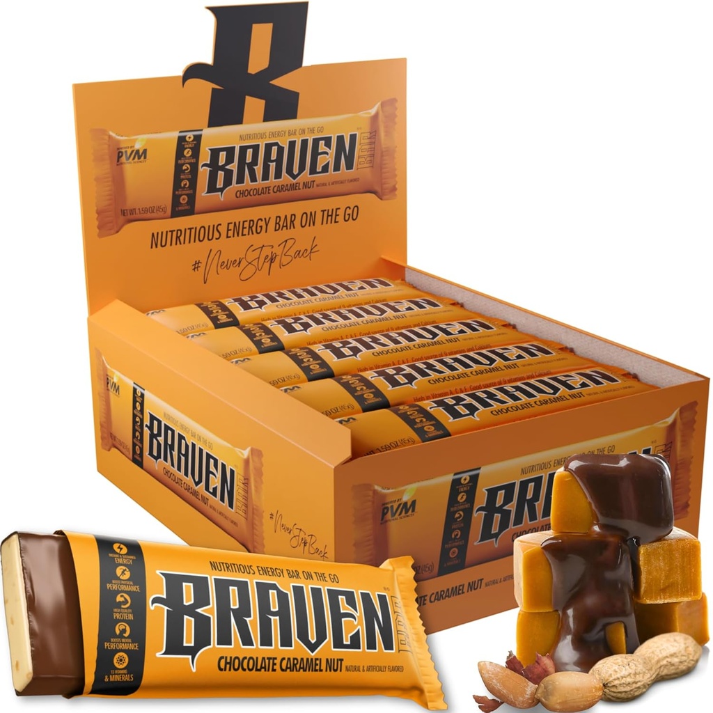 Braven Bar Chocolate Caramel Nut Energy Bar (1.59 oz, 20 팩) - 5g Protein이있는 에너지 Chews - 운영, 하이킹 및 스포츠를위한 온 - 이동 에너지 스낵 - 지속 에너지 부스트를위한 글루텐 무료 스낵