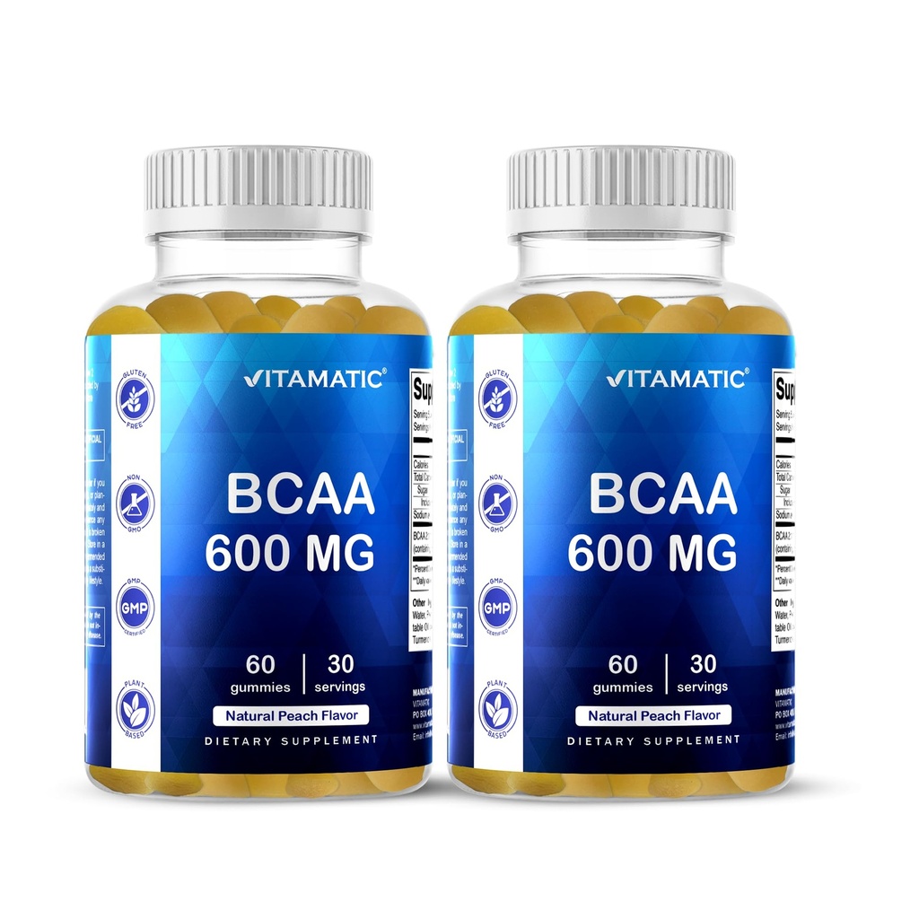 Vitamatic BCAA Gummies - 분지 사슬 아미노산 보충교재 - 복숭아 풍미 - 서빙 당 600mg - 60의 Vegan Pectin 근거한 Gummies (2개의 병)