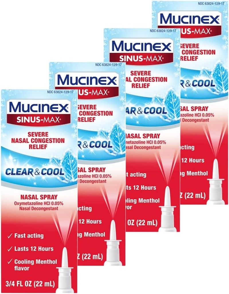 Mucinex Nasal Decongestant 스프레이, Sinus-Max Severe Nasal Congestion Relief Clear & Cool Nasal Spray, 12 시간, 빠른 행동, 냉각 Menthol 풍미, 포장 할 수있다 Vary, 0.75 Fl Oz (포장 4)