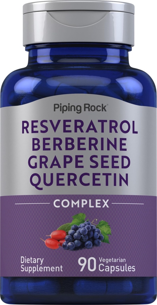 Piping Rock Resveratrol Berberine 포도 씨앗 & Quercetin Complex | 90 캡슐 | 채식주의, 비 GMO 및 글루텐 무료 보충