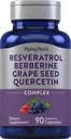 Piping Rock Resveratrol Berberine 포도 씨앗 & Quercetin Complex | 90 캡슐 | 채식주의, 비 GMO 및 글루텐 무료 보충