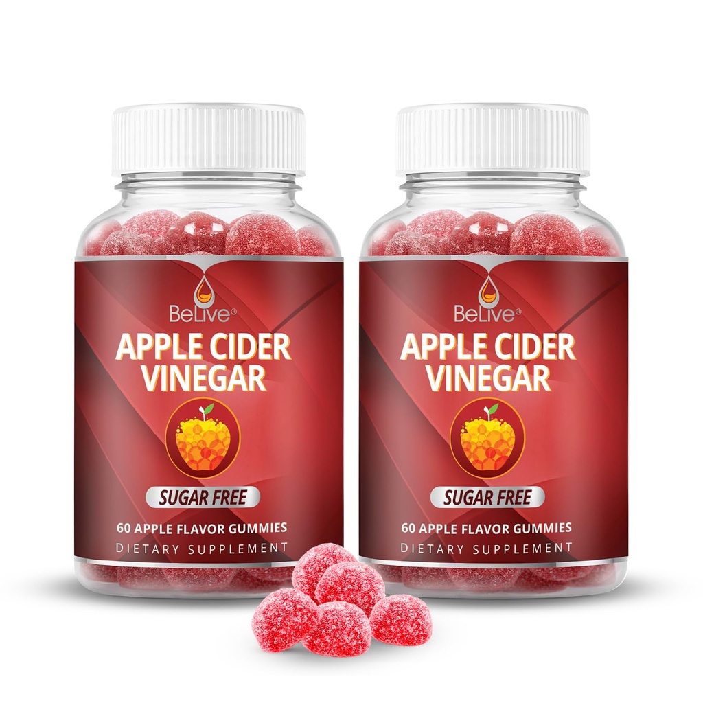 BeLive Apple Cider Vinegar Sugar Free Gummies – Digestion & Healthy Diet - Gluten Free, Glucose Syrup 없음, 캡슐 및 음료 (120 Ct)에 ACV Gummies 대안 - 2 팩