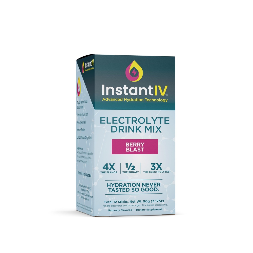 전해질 분말 - 3X Electrolytes,1/2 설탕 비타민 C, B3, B6, 하이드로 션, 복구 및 면역성, Vegan 및 글루텐 무료 | Berry Blast - 12 Packets