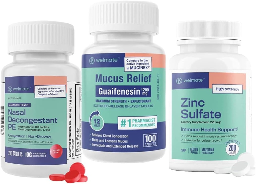 WELMATE 궁극적인 찬 & 알레르기 기복 뭉치: 최대 힘 Guaifenesin 1200 Mg Mucus 기복 (100의 정제), Phenylephrine HCl 10 mg Nasal Decongestant (200의 정제) & 아연 황산염 220mg