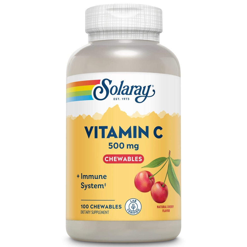 SOLARAY Chewable 비타민 C 500 mg의 자연적인 감미료를 가진 자연적인 체리 풍미, 산화 방지제 및 Immune 지원 보충교재 전체적인 음식 기초, 60 일 보장, 100개의 서빙, 100개의 Chewables