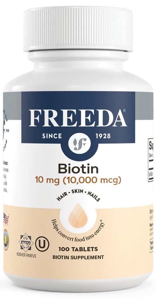 FREEDA Biotin 10,000 mcg – Kosher Hair, Skin & Nails Supplement – 머리 성장 & 강한 못을 위한 높 순수성 B7 – D-Biotin를 가진 Vegan 정제 – 100개의 작은 정제