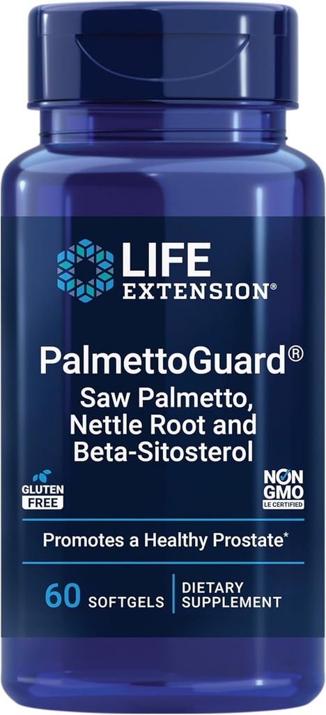 Life Extension PalmettoGuard®는 Palmetto, Nettle Root 및 Beta-Sitosterol을 사용하며 건강한 전립선 기능 및 호르몬 대사를 지원합니다. 남성용 Saw Palmetto 160mg, 글루텐 프리, 비 GMO, 60 softgels