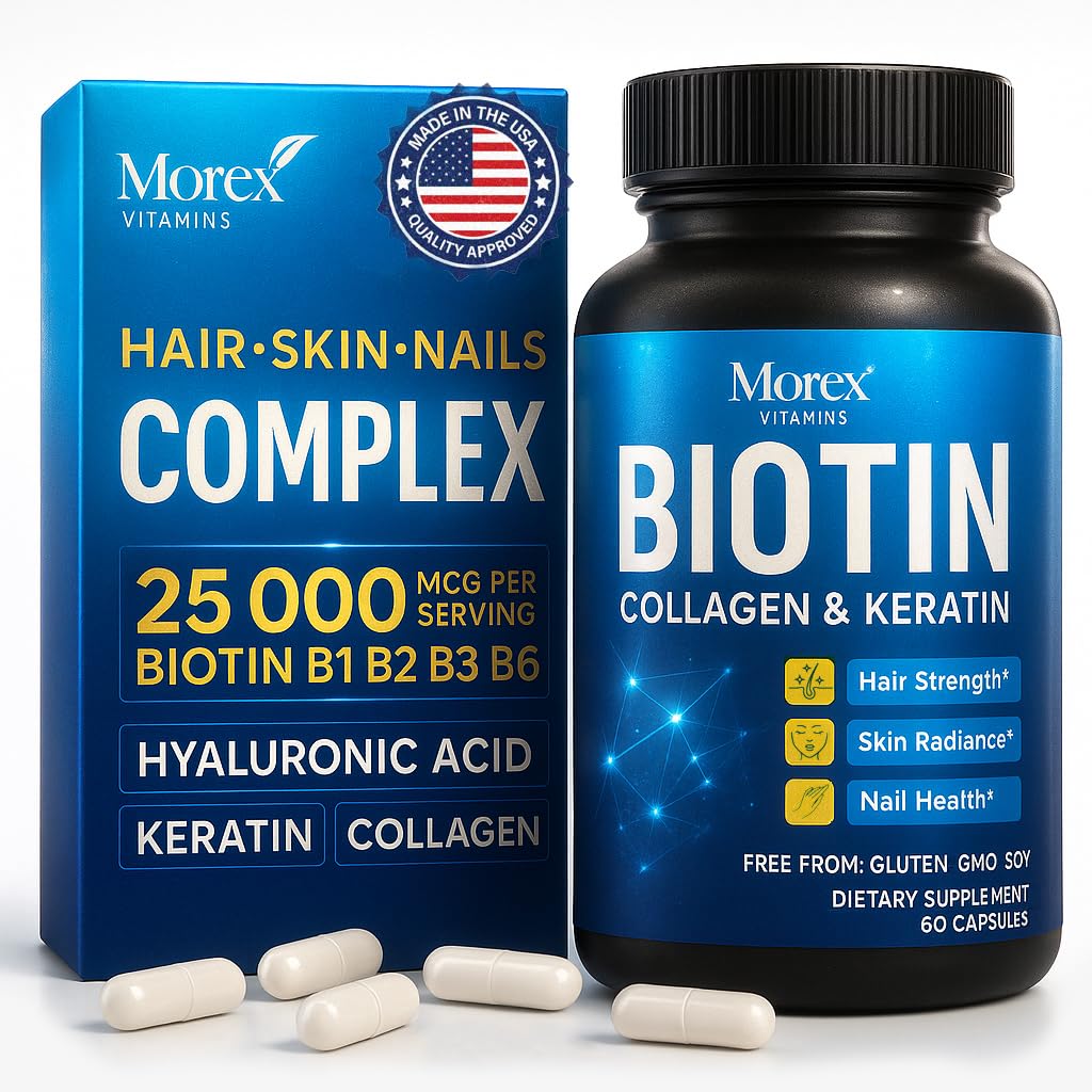 Biotin Keratin & Collagen 캡슐 - 미국에서 만든 - 천연 교원질, Keratin & Biotin 모발 성장 - Biotin & Collagen Vitamins with Multi Collagen Peptides for Hair Loss, 피부 & 손톱 - 60 모자