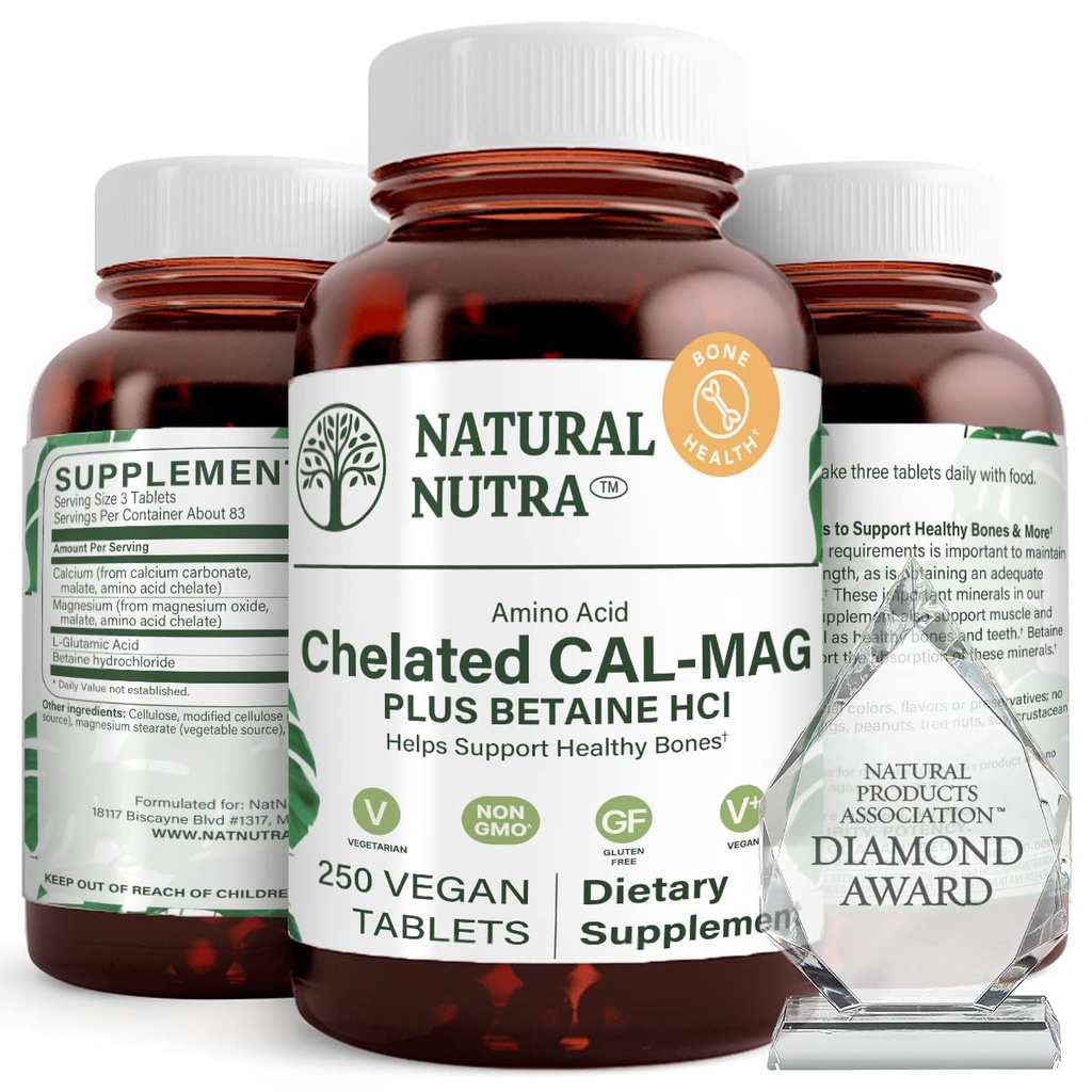 자연적인 Nutra Chelated 칼슘 마그네슘 1000/500 mg 보충교재 더하기 betaine HCL - Chelated Cal Mag는 뼈 조밀도, 지원 근육, 이, 심장 혈관 & 신경 건강, 250 Vegan 정제를 개량합니다