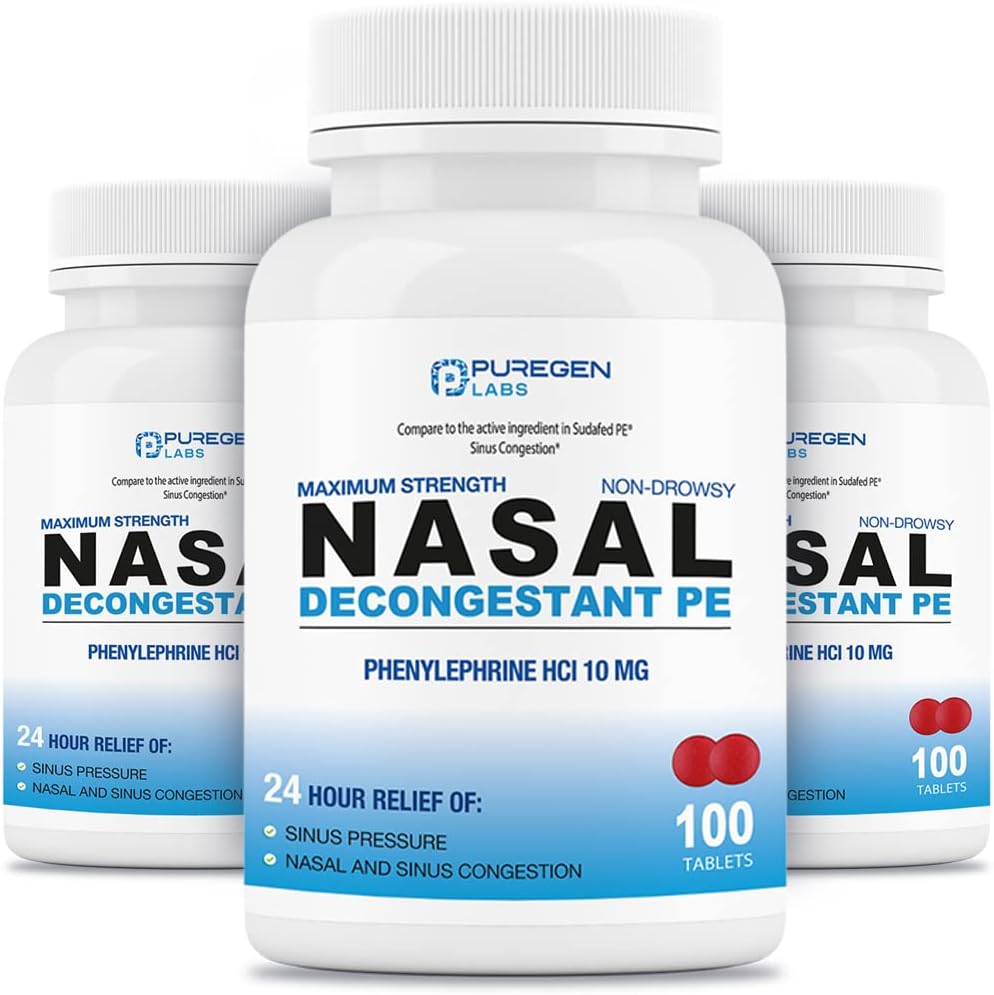 Puregen Labs Nasal Decongestant PE 3 Pack - 300 Tablets Total | Phenylephrine HCl 10 mg | 최대 강도 | 비 Drowsy Nasal & Sinus Congestion Relief가 감기 또는 알레르기로 인해