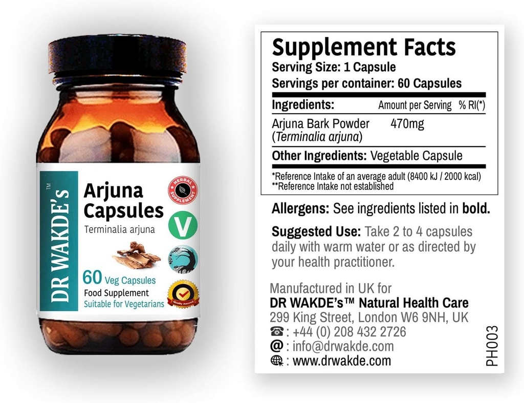DR WAKDE의 Arjuna 캡슐 (Terminalia arjuna) | 60 Veg 모자 | Ayurvedic Supplement | Vegan | 100 % 초본 | 수량 할인 | 당일치기
