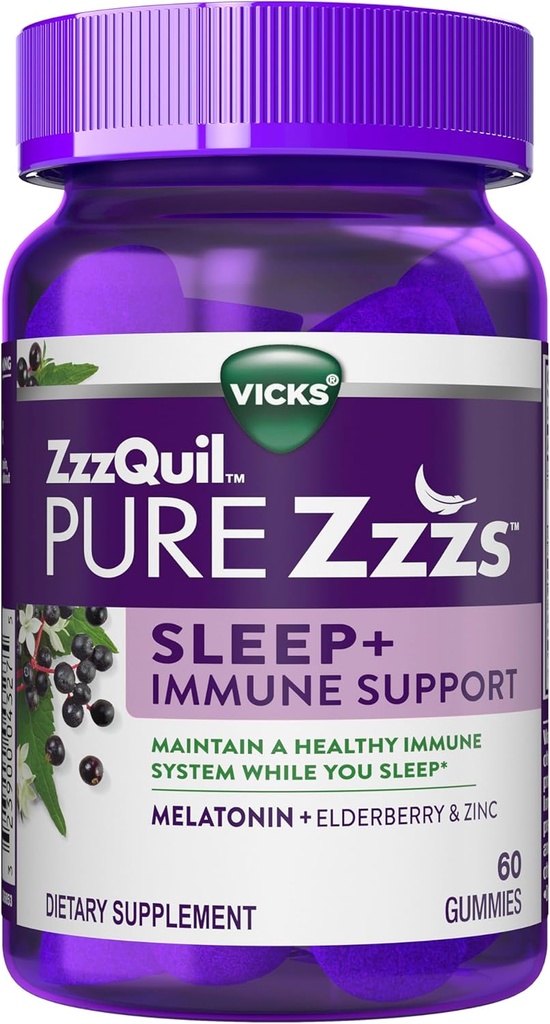 ZzzQuil 순수한 Zzzs 수면 + 면역 지원 멜라토닌 수면 보조 구미와 엘더베리, 아연, Chamomile, Lavender, & Valerian 뿌리, 거미 당 1mg, 60 ct