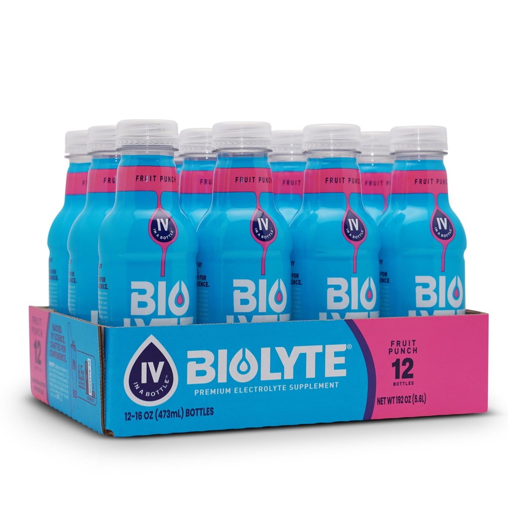 BIOLYTE Electrolyte 음료 - 의사 공식화 된 수화 음료, 전해질 물, 치모 요법은 여성 및 남성, 병에 Rehydration IV 액체 - 과일 펀치, 16 Fl Oz (12 팩)