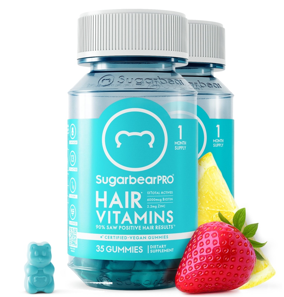 Sugarbear 머리 비타민 거미 2 달 공급 여분 힘 Biotin 6000mcg, 남자 & 여자를 위한 성장, Vegan 비타민 B12, MSM, Inositol, Omega 3, Elderberry의 증명된 고약, Halal, Cruelty 자유로운