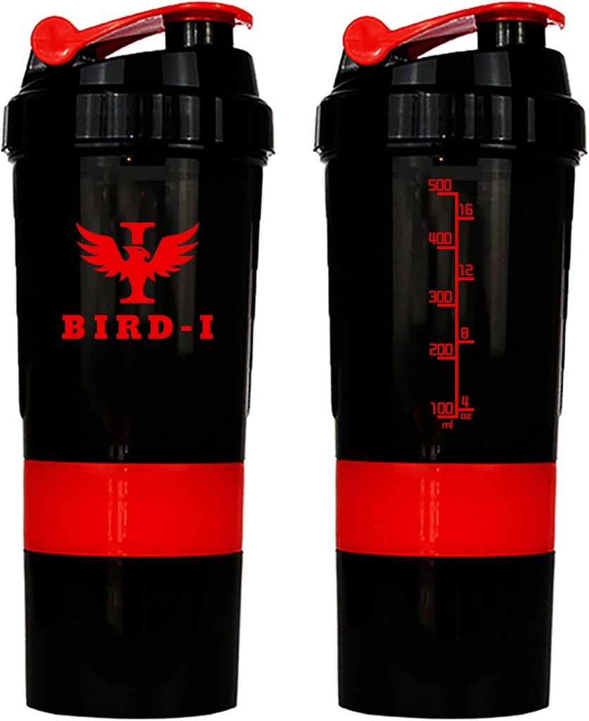 BIRD-I 체육관 단백질 셰이커, 3-in-1, 500ml/16.9oz, BPA-Free, 금속 믹서. (빨간), JT4101