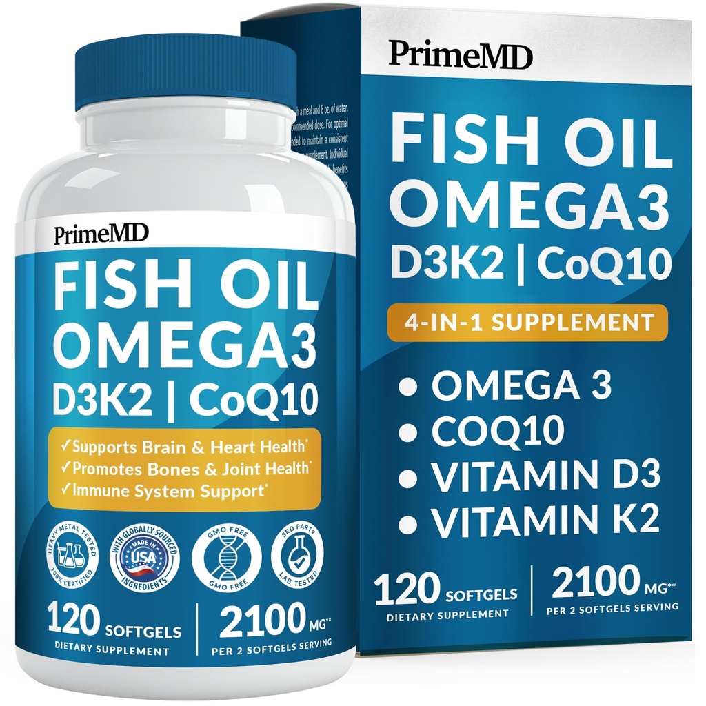 4-in-1 생선 오일 오메가 3 지방 보충제 (2100mg) - 비타민 D3 K2 및 CoQ10이있는 오메가 3 생선 오일 - 레몬 맛 (120 softgels)