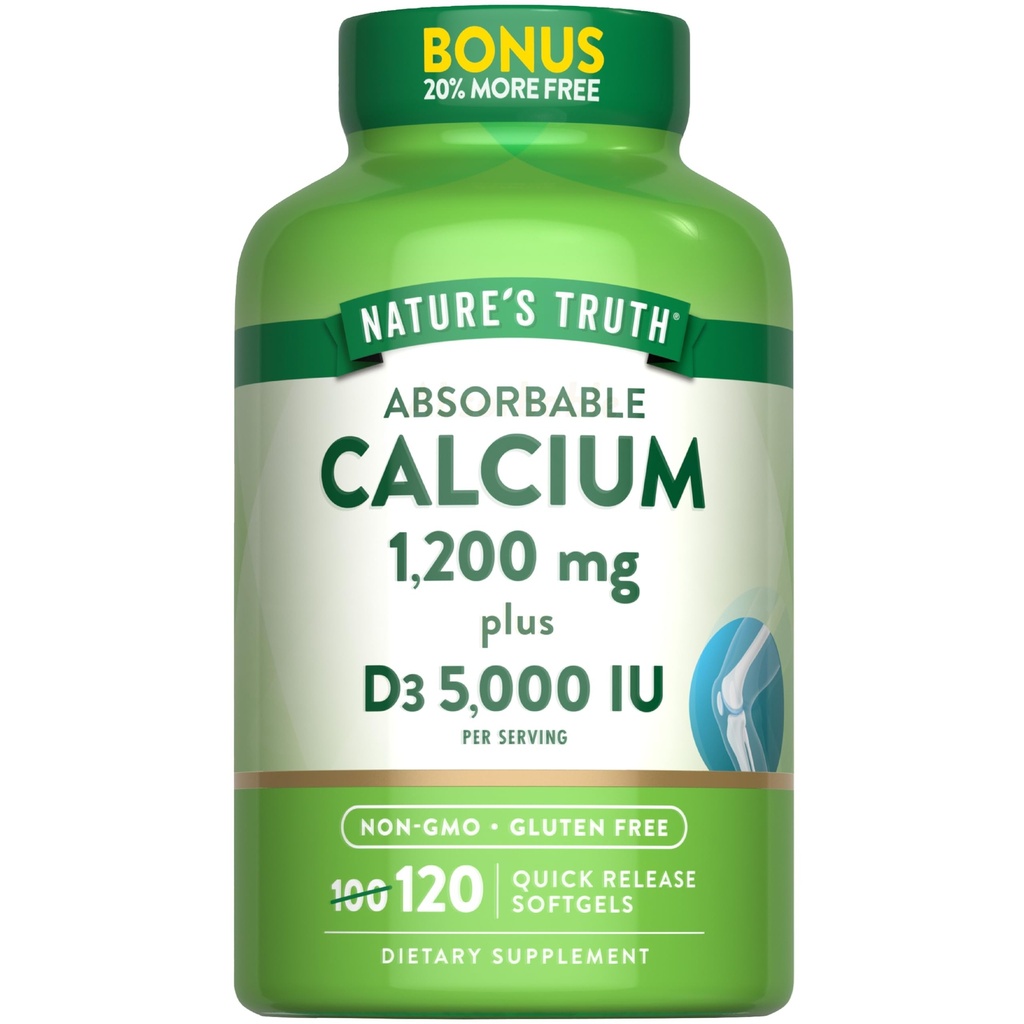 자연의 진실 흡수성 칼슘 1200 mg 비타민 D3 5000 IU | 120 Softgels | 칼슘 탄산염 | 비 GMO & 글루텐 무료 보충교재