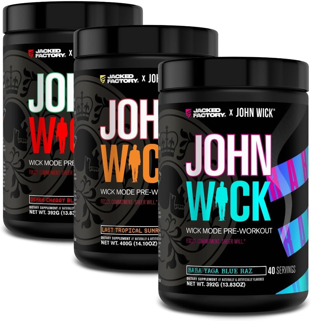Jacked Factory X John Wick - Wick Mode Pre Workout Powder - Intense Energy, Battle-Ready Focus, Unstoppable Commitment 및 Sheer Will - 120 서빙 (3 팩)