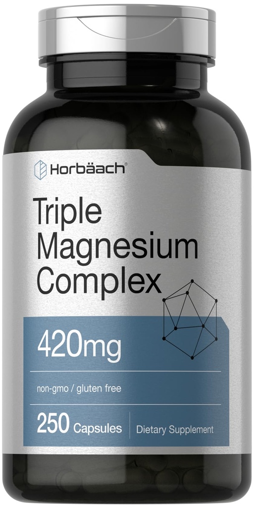Horbäach Triple Magnesium Complex | 420 mg | 250 캡슐 | Non-GMO 및 글루텐 프리 포뮬러 | 마그네슘 산화물, 시트레이트 및 아스파이트 다이어트 보충교재