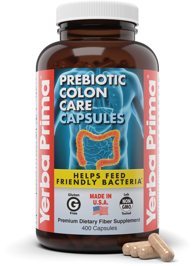Yerba Prima Prebiotic Colon Care Capsules, 400 Caps - 파이버 플러스 FOS Pre-biotics의 다섯 가지 형태 - 규정 식 건강 보충 - 일반 및 소화 지원을위한 건강한 수용성 섬유