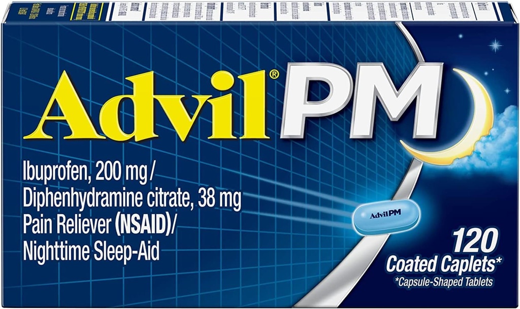 Advil PM (120 조사) 고통 Reliever/Nighttime 수면 보조 코팅 모자, 200mg Ibuprofen, 38mg Diphenhydramine (2의 포장)