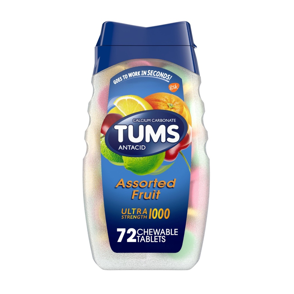 TUMS Ultra Strength Antacid Tablets for Chewable Heartburn Relief and Acid Indigestion Relief, 구색 과일 - 72 개