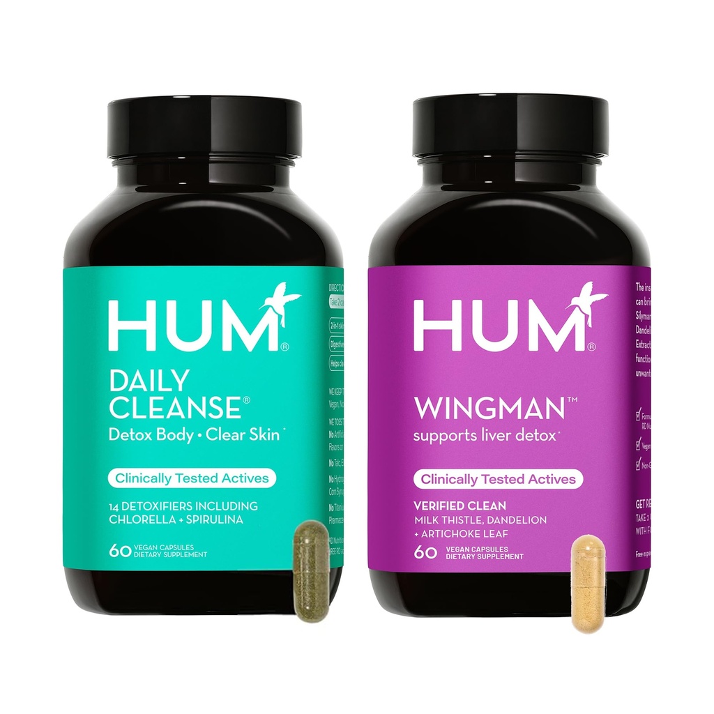 HUM Full Skin and Liver Health Supplement from Nutrition, Wingman and Daily Cleanse A Green Detox & Milk Thistle for Skin Care Support and Liver Health, 2 Pack 번들, 60 Vegan 캡슐