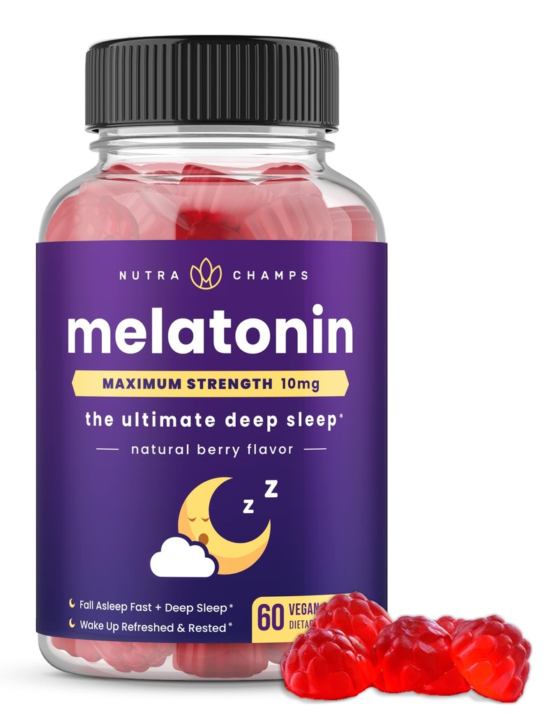 성인, 여분 힘 잠 원조 비타민, 5mg 또는 10mg 복용량을 위한 NutraChamps Melatonin Gummies, Vegan 자연적인 딸기 풍미 보충교재, 건강한 수면 주기, 60 Gummies