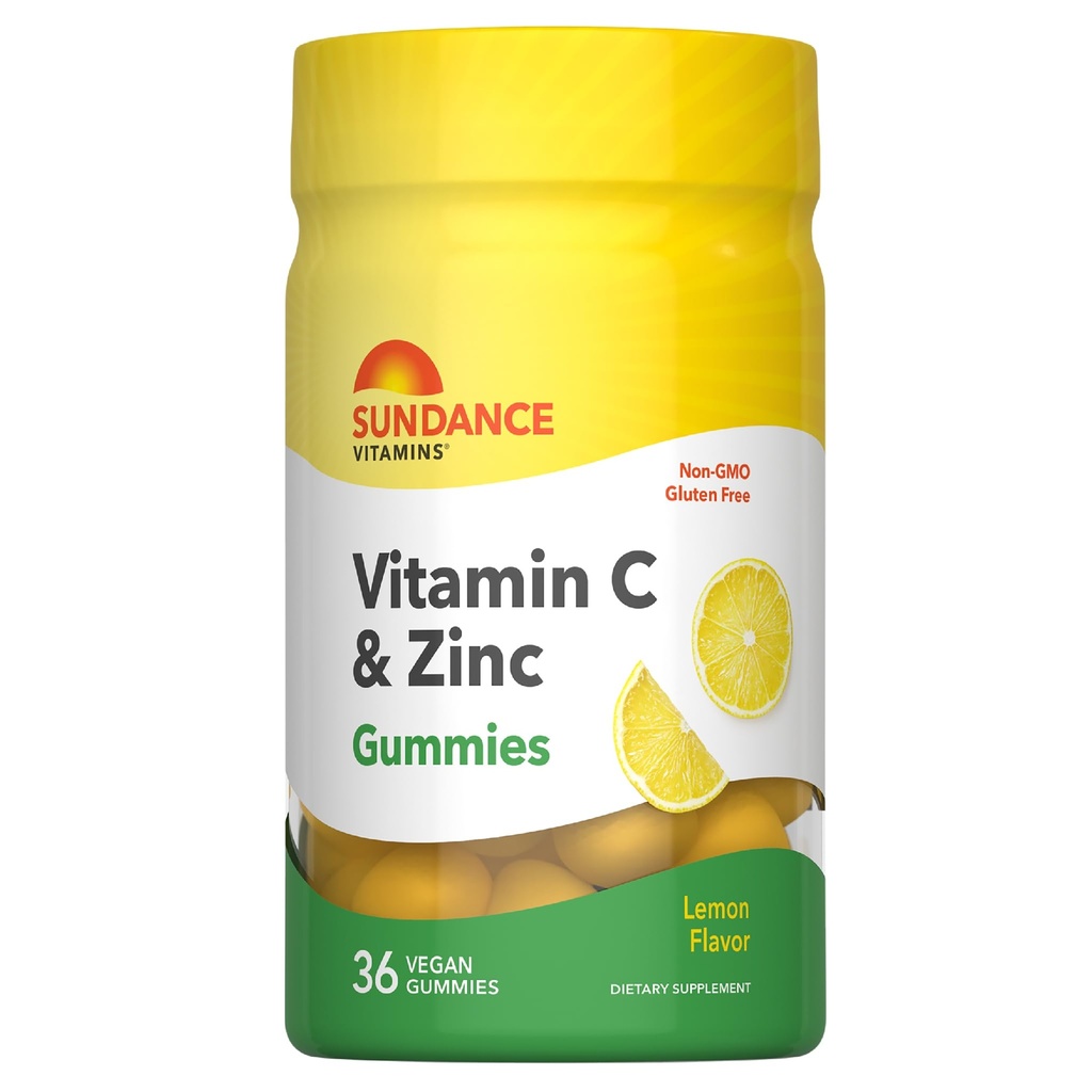 선댄스 비타민 C와 아연 구미 | 36 개 | 레몬 맛 | Vegan, Non-GMO, Gluten Free Supplement