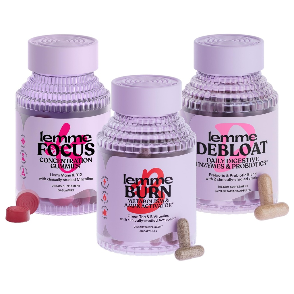 Lemme Burn, Debloat & Focus 번들 | 메타볼리즘 및 지방 연소 + Bloating & Gas Relief 캡슐 + Focus & Brain Health Gummies | 글루텐 프리, 비 GMO | 60 개 캡슐 & 50 개