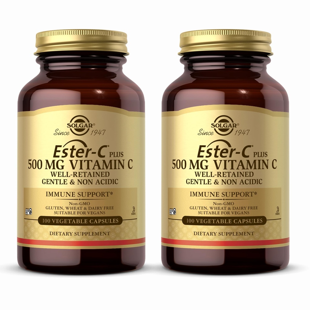 Solgar Ester-C Plus 500 mg 비타민 C (Ascorbate Complex) - 100 야채 캡슐, 2 팩 - 산화 방지제 및 면역 지원 - 비 GMO, Vegan, 글루텐 무료, 고셔 - 200 총 서빙