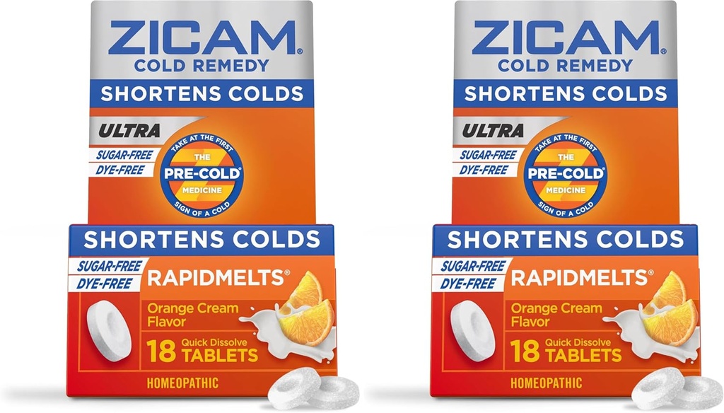Zicam 울트라 콜드 Remedy 아연 Rapidmelts, 오렌지 크림 맛, Homeopathic, 콜드 단축 의학, 단축 콜드 내구, 설탕 무료, 염료 무료, 18 개 (팩 2)
