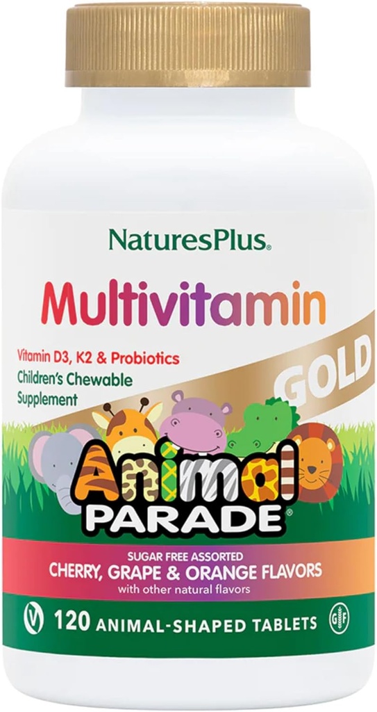 NaturesPlus Animal Parade Gold Children's Multivitamin - 구색 된 체리, 오렌지 및 포도 맛 - 120 동물 모양 킬레이트 정제, 4 팩 - Vegan, 글루텐 무료 - 240 총 서빙