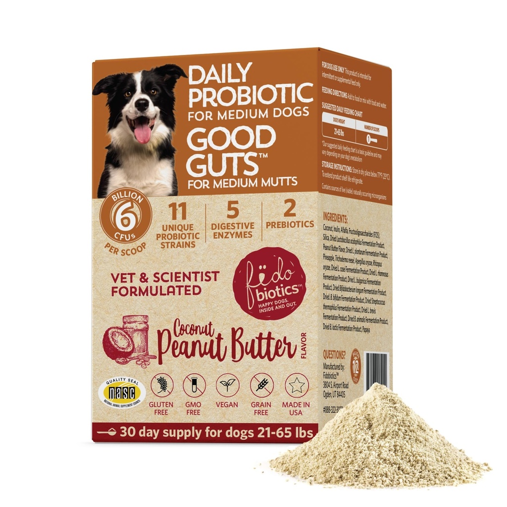 Fidobiotics 개, 6 억 CFUs, 11 Strains, 5 Digestive Enzymes, 2 Prebiotics, Digestive Gut Health for Dogs, Adult & Puppy Probiotics (30 일)