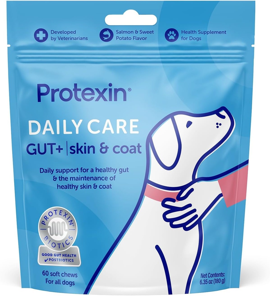 Protexin Daily Care Gut+ Skin & Coat | 60 개 뺨, 연어 및 달콤한 감자 맛 개 보충교재 | 개, 개 Postbiotics를 위한 Probiotics