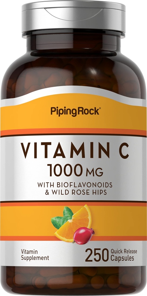 Piping Rock Vitamin C 1000mg | 250 캡슐 | Bioflavonoids와 Rose HIPS | 여성용 보충 | 비 GMO, 글루텐 무료