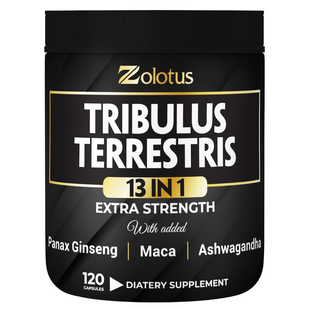 Zolotus 13in1 Tribulus Terrestris 캡슐 Maca, Horny Goat Weed, Panax Ginseng, Saw Palmetto, Tongkat Ali, Shilajit & More - 에너지, 남성 및 여성을위한 체력 보충 - 120 조사