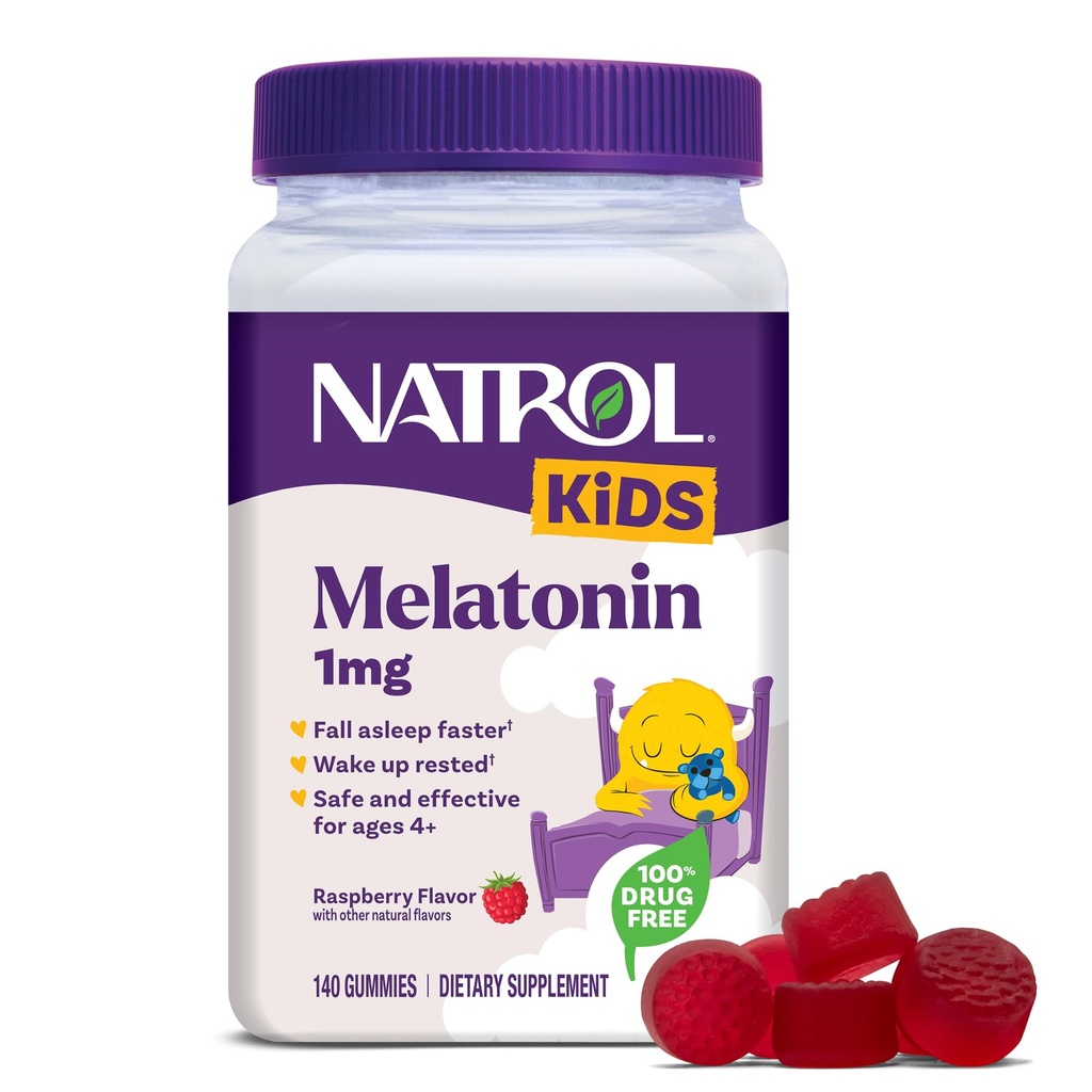 Natrol Kids Melatonin Gummies 1mg, 수면을위한 어린이 Melatonin, 140 Raspberry-Flavored Sleep Gummies, 140 Day 공급