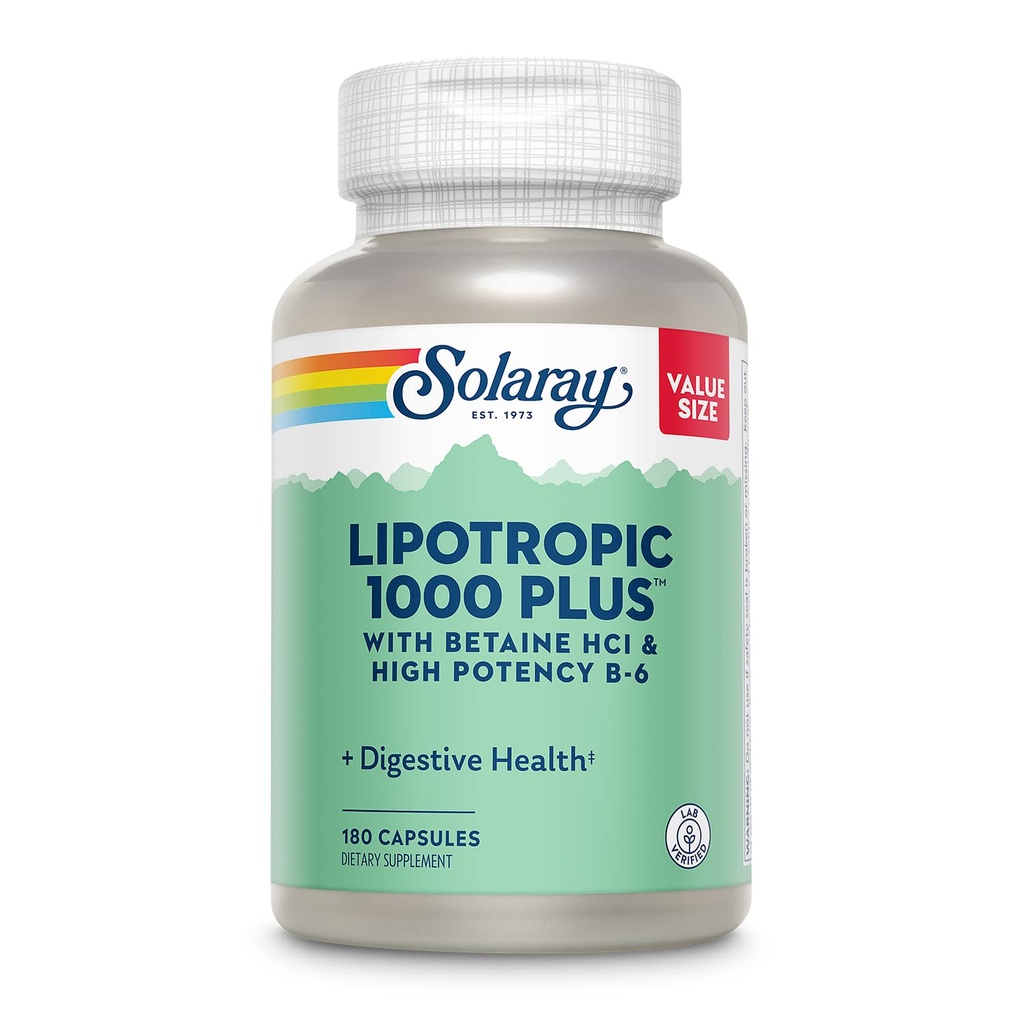 Betaine HCl & 높은 Potency B-6, 건강한 소화, 에너지 및 뚱뚱한 대사 지원, Lipotropic Complex 플러스 알로에 Vera, 60 일 보증, 30의 서빙, 180의 캡슐 플러스 SOLARAY Lipotropic 1000 플러스