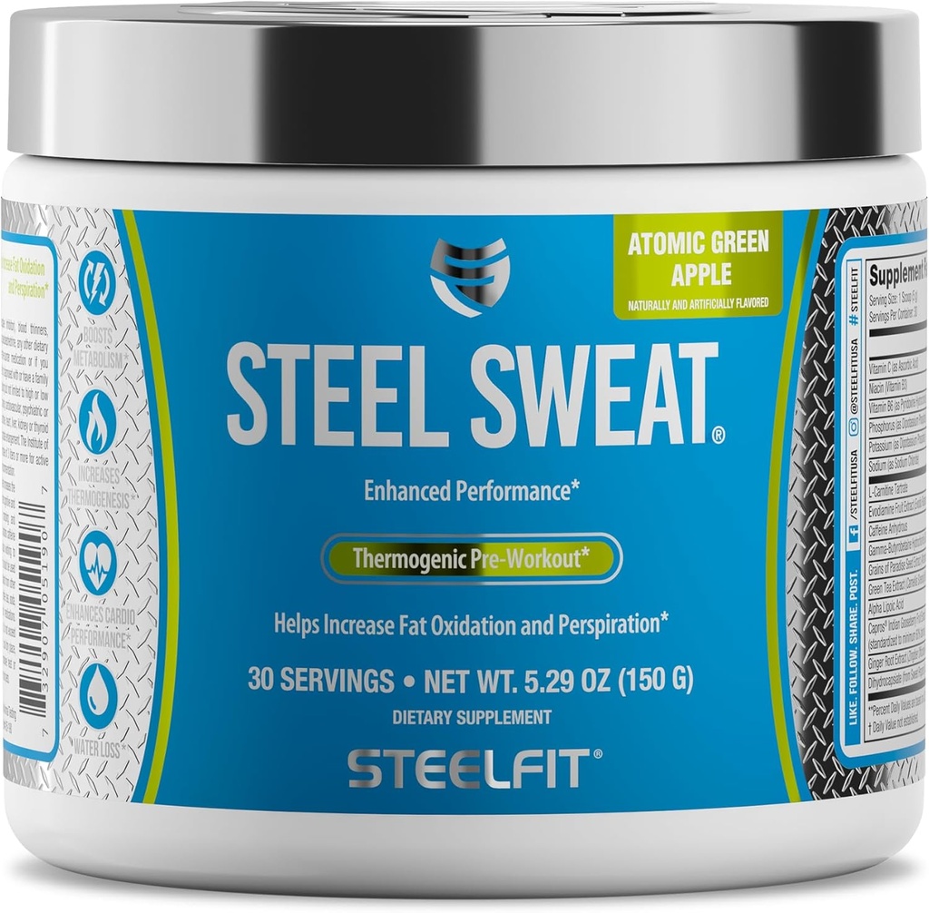 SteelFit Steel 땀 지방-Burning Pre Workout | Boost Metabolism, 증가 에너지, 화상 지방 및 칼로리 | 그린 애플, 30 서빙