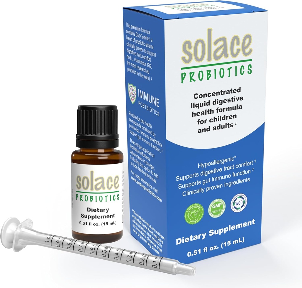 Solace Probiotics Liquid Formula for Adults and Kids - 소화 건강 및 면역, 임상 연구, 쉬운 주사 응용, Hypoallergenic - 15mL에 대한 농축 혼합