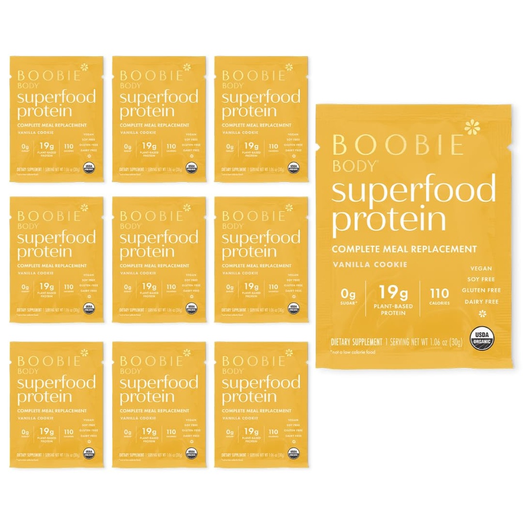 Boobie 몸 Superfood Protein Shake for Moms, 임신 및 Lactation 지원 Protein Powder to increase Milk Supply, Probiotics, Organic, Dairy-Free, Gluten-Free Vegan Vanilla Cookie Single Srv 10pk