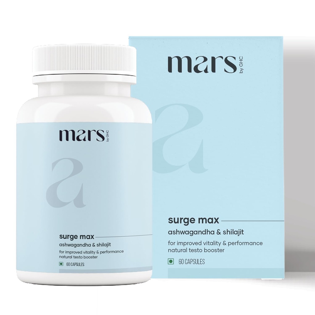 Mars Surgemax Natural Capsules with Shilajit & Safed Musli | 에너지, 힘 및 면역성이 지원 | Active Lifestyle | 60 캡슐 | 1 팩