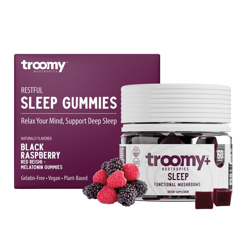 Troomy Sleep Reishi + Melatonin Great Tasting Mushroom Gummies - 스트레스에서 편안한 수면 및 디테아를 지원합니다 - 블랙 라즈베리 - 60 개