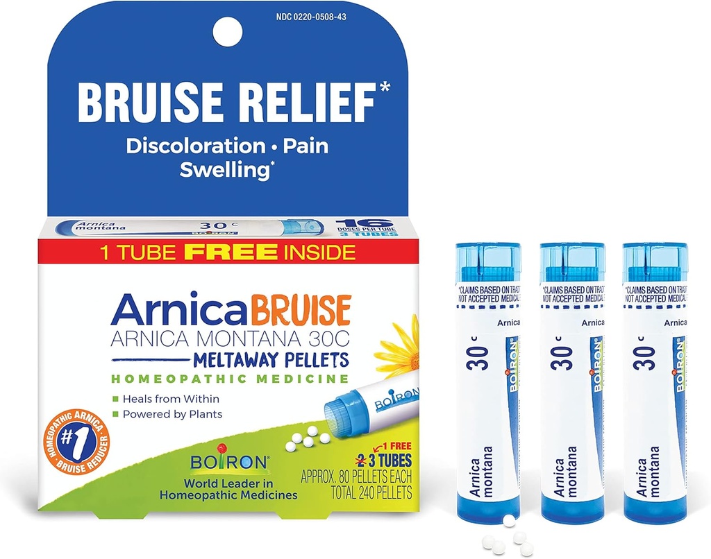Boiron Arnica Bruise - Arnica Montana 30c 통증 완화, 붓고, 브루스에서 변색 - 3 개 (240 펠릿)