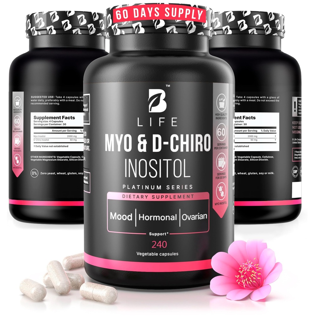 Myo-Inositol & D-Chiro Inositol 40 : 1 여성용|여성용 I Inositol Supplement | 호르몬 밸런스, 불임 및 사이클 | 비타민 B8, 인슐린 & Flo Ovarian 서포트 | 240 캡