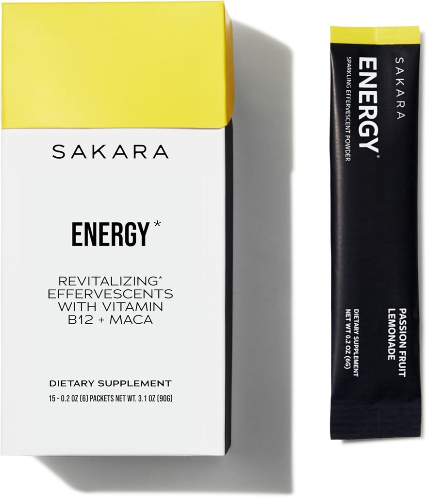 SAKARA 에너지 Effervescents, 15 Packets - 비타민 B12 & L Theanine, 맛 있는 물 패킷, 히드라 션 분말, 에너지 음료 Electrolyte 분말을 가진 Refined 설탕 자유로운 전해질 분말 소포