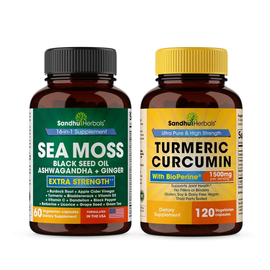 Sandhu Herbals Seamoss & Turmeric Curcumin with Bioperine Capsules | 면역,인지, 피부, 모발 건강 지원