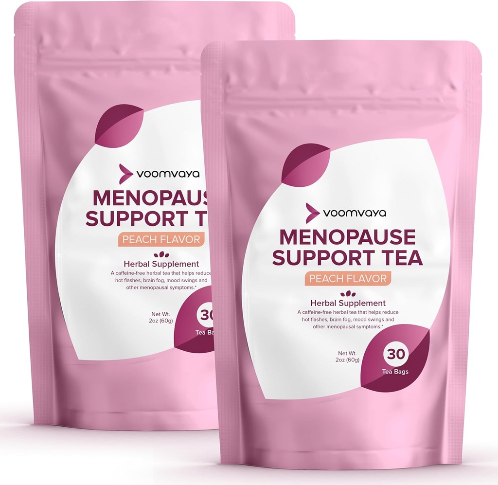 VoomVaya는 Menopause 지원 차 2 팩 뭉치에 10%를 저장합니다 - 여성 w/Red Clover & 검정 Cohosh를 위한 자연적인 Menopause 기복 - 밤 땀 & 뜨거운 섬광 기복 - 복숭아 풍미 - 90 Teabags